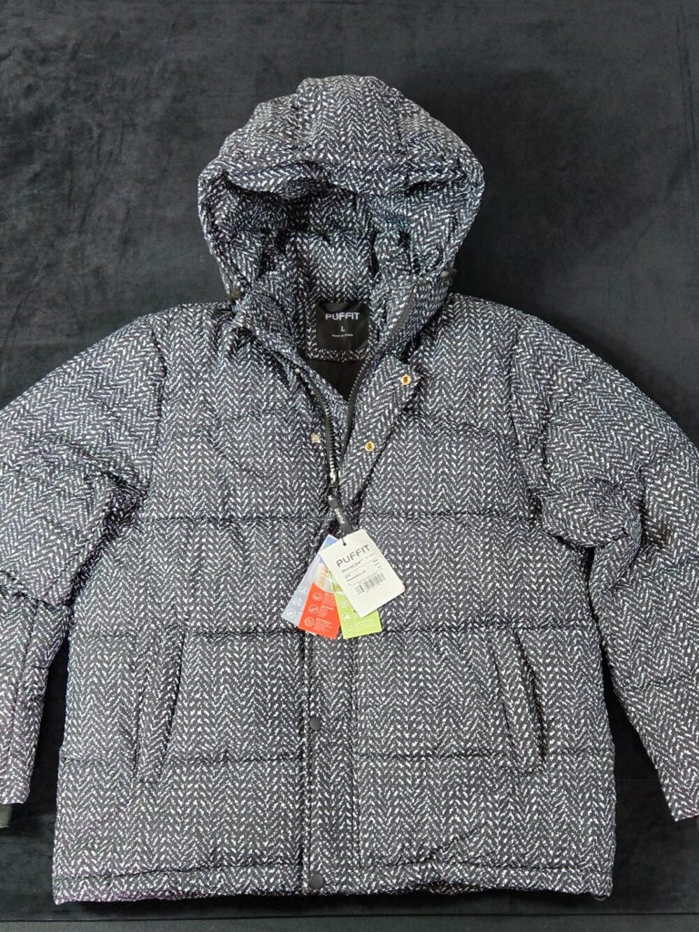 PUFFIT WarmCore Houndstooth Hooded Puffer Coat Women's L NWT